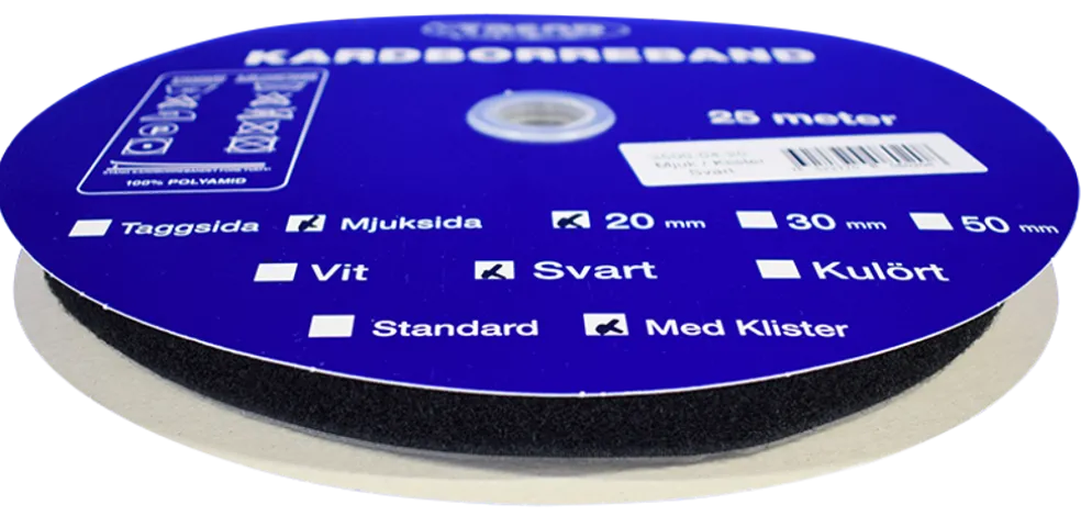 Kardborreband mjuk klister svart 20mm - 25m rulle