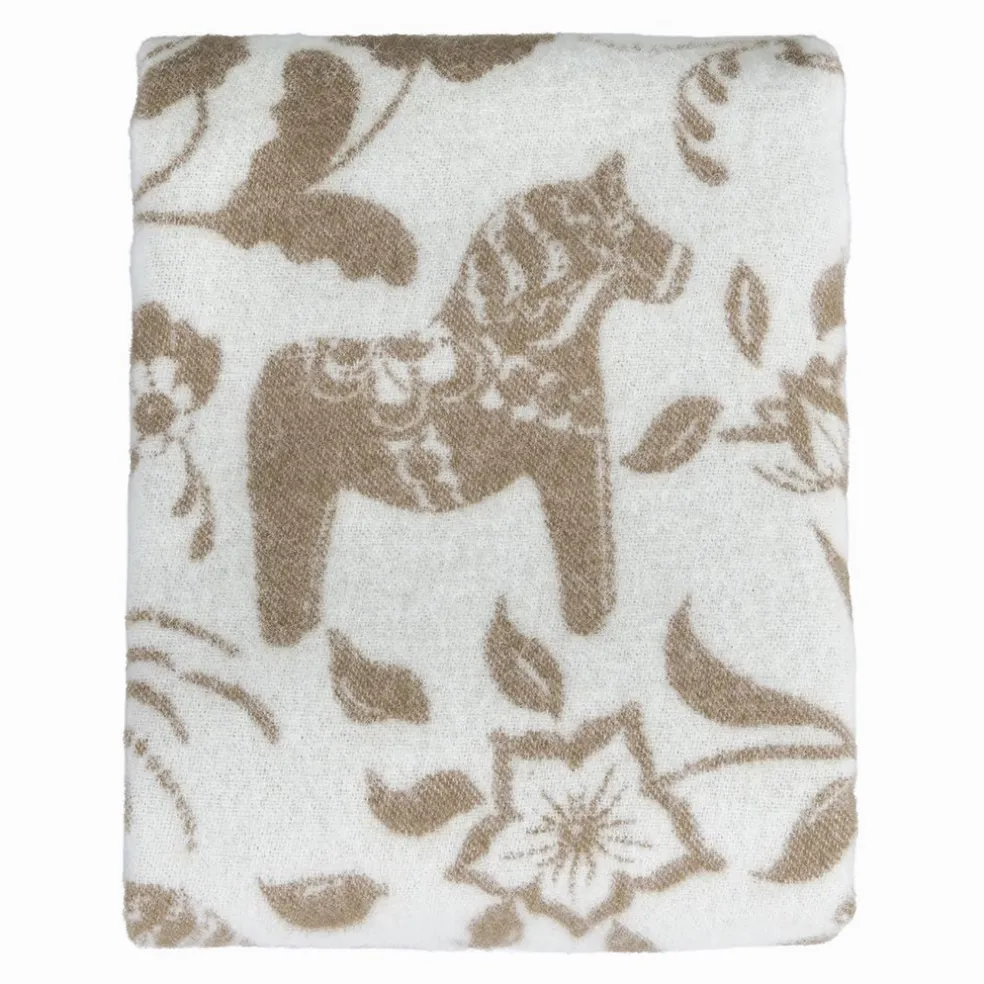 Leksand beige ullpläd 130x170 cm – dalahästar i 100% ull
