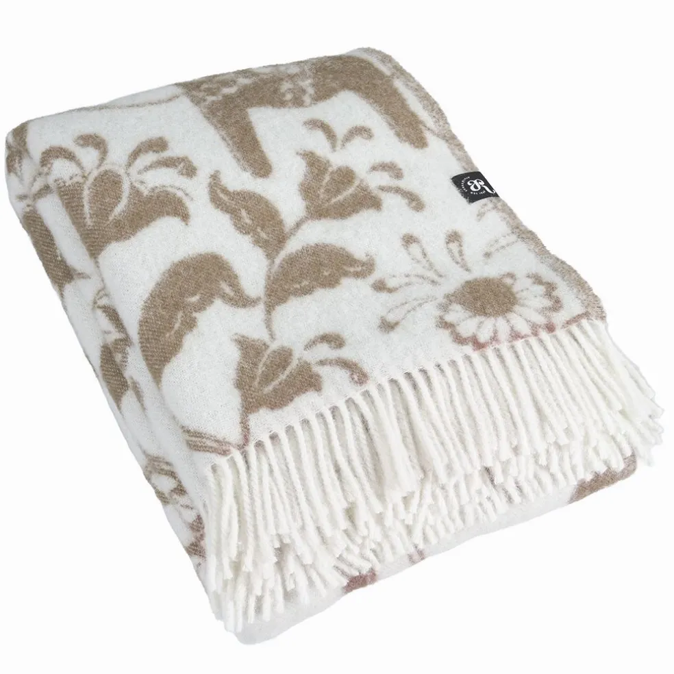 Leksand beige ullpläd 130x170 cm – dalahästar i 100% ull