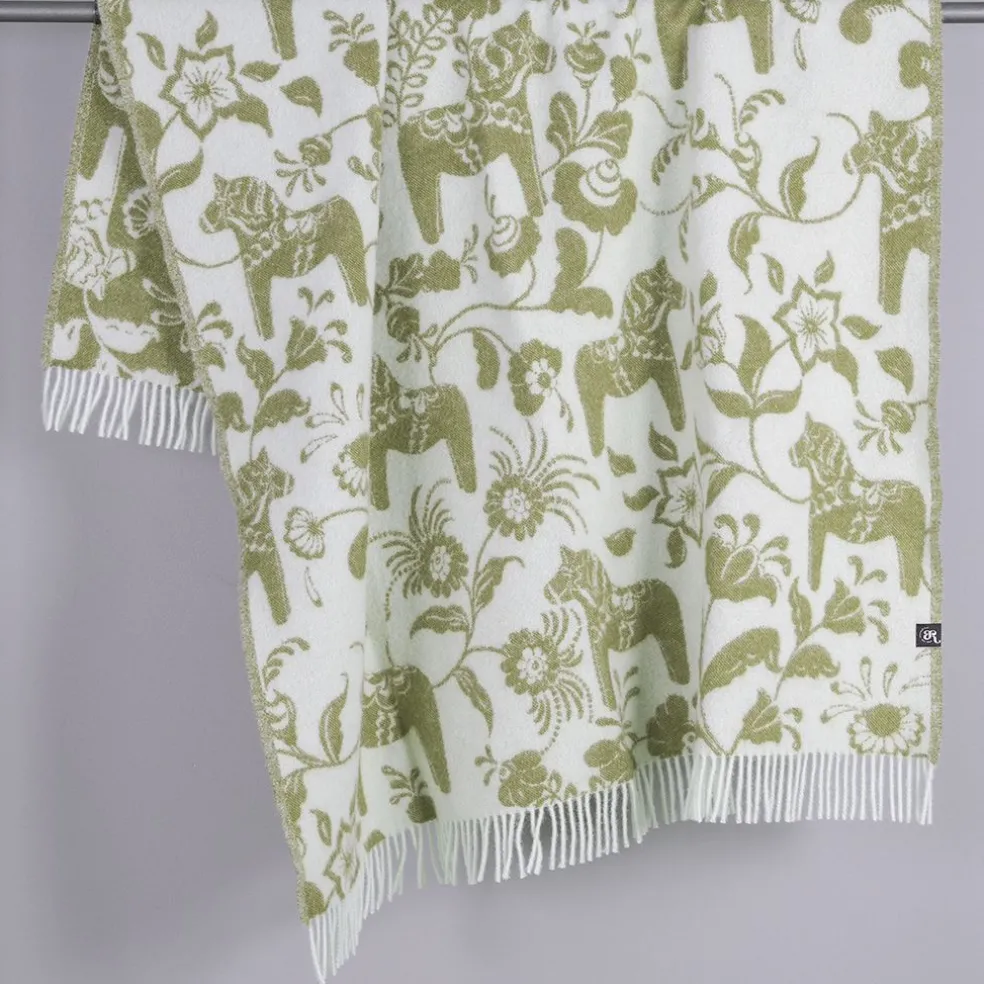 Leksand grön ullpläd 130x170 cm – dalahästar i 100% ull