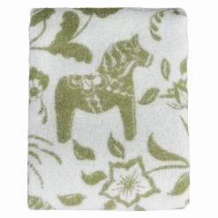 Leksand grön ullpläd 130x170 cm – dalahästar i 100% ull