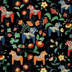 Leksand svart tyg med traditionellt dalahästtryck