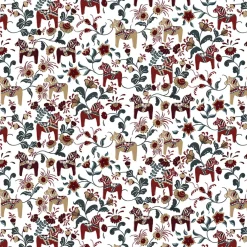 Leksand vinröd-petrol tyg med traditionellt dalahästtryck