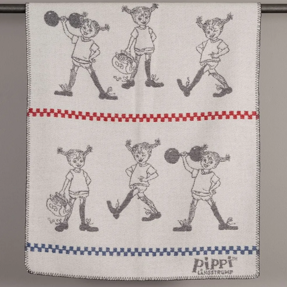 Pippi grå barnfilt i merinoull med Pippi Långstrump