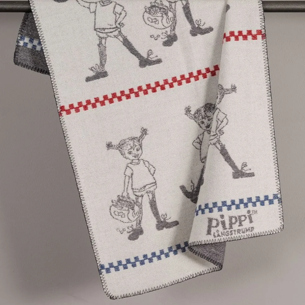 Pippi grå barnfilt i merinoull med Pippi Långstrump