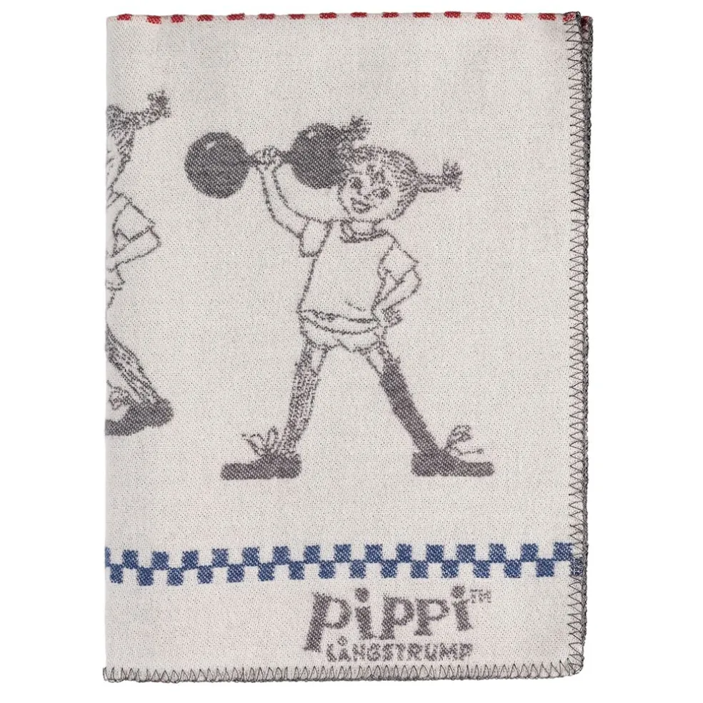 Pippi grå barnfilt i merinoull med Pippi Långstrump